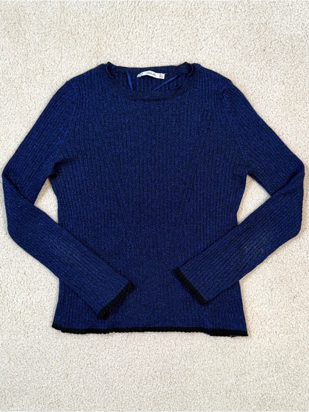 Zara Metallic Thread Navy Ribbed Crewneck Knit Sweater with Black Trim